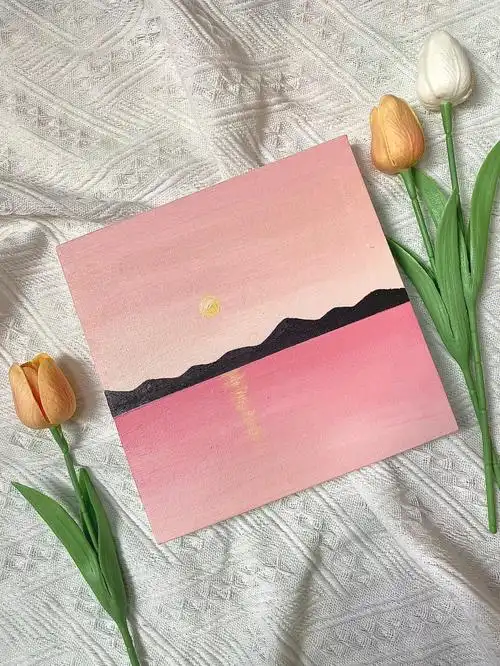 丙烯画粉色落日天空打了腮红附过程