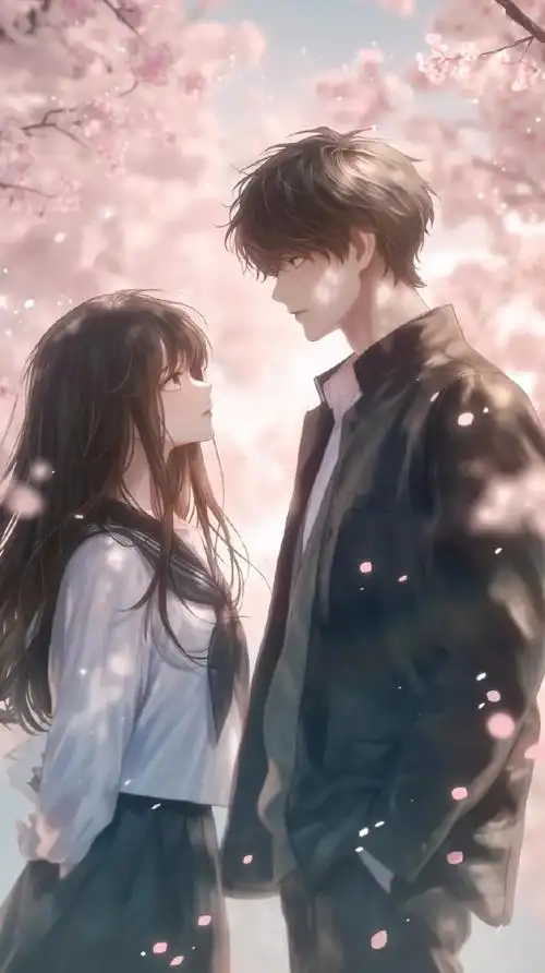 樱花树下的甜蜜约会|二次元浪漫情侣壁纸#手机壁纸##唯美图片##情侣