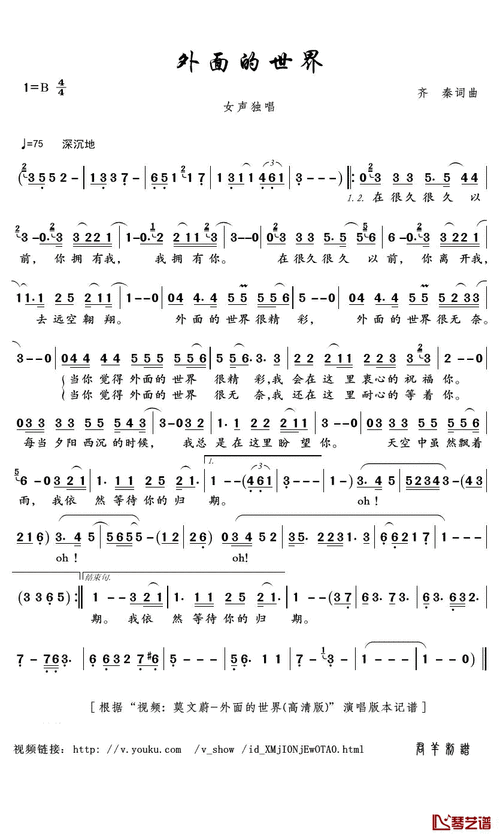 外面的世界简谱(歌词)_莫文蔚演唱_君羊制谱-明明简谱网