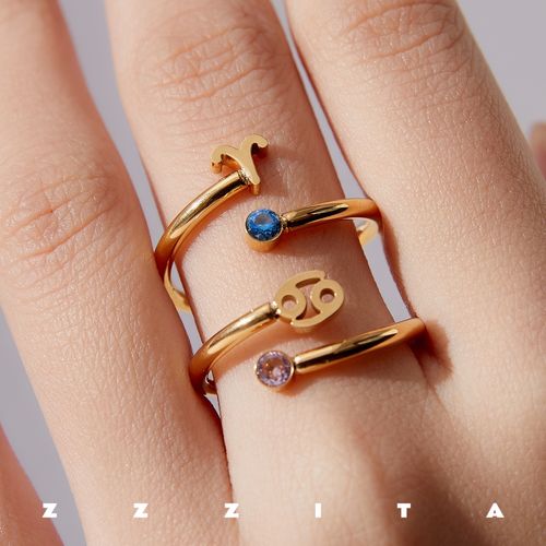 zzzita 十二星座彩钻戒指小众时髦欧美复古ins简约百搭叠戴食指环