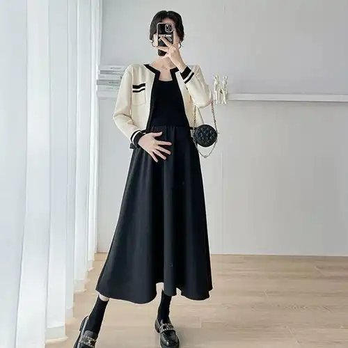 时尚减龄孕妇装背心裙针织上衣两件套春装中长款孕妇连衣裙春秋款