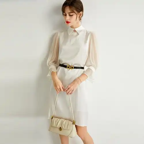 真丝连衣裙夏2024新款纯色年轻款显瘦白色仙气飘飘重磅高腰a字裙