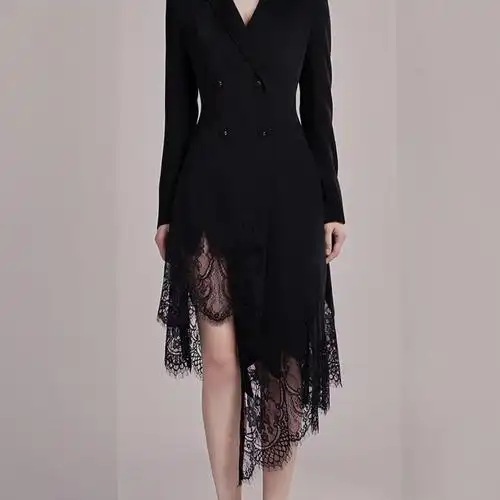 拼接蕾丝西装连衣裙女新款秋冬女装名媛ol气质黑色修身裙不规则 黑色