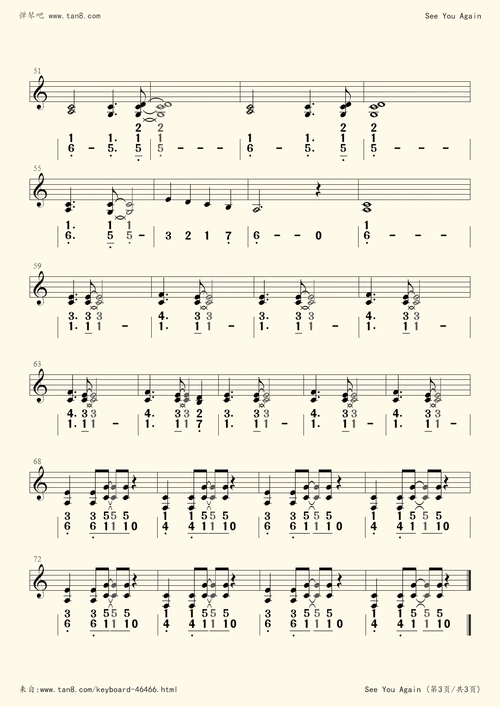 电子琴谱seeyouagain乐队伴奏
