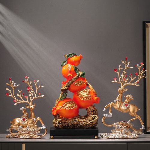 吉祥如意招财金鹿多子多福石榴摆件寓意好的电视柜客厅玄关装饰品