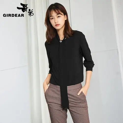 哥弟女装2018夏季新款 长袖绑带衬衫8300054-1