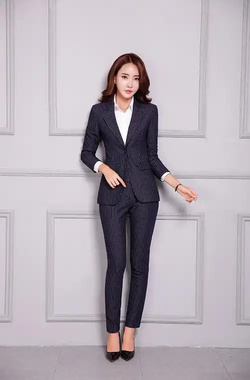 长袖小西装长款 韩版秋冬套裤职业装女裤套装修身条纹休闲外套