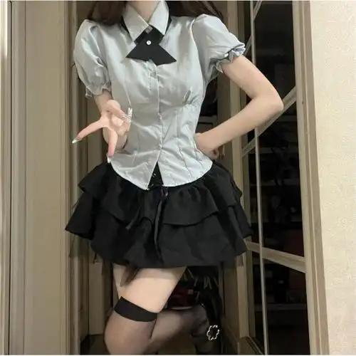 学院风辣妹制服套装女收腰衬衫上衣夏季百褶裙半身裙jk裙子两件套