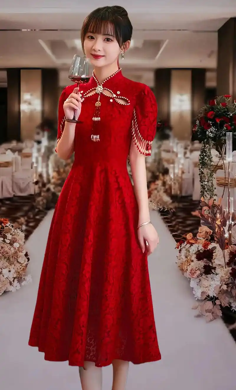 新娘旗袍敬酒服,夏季小个子酒红色订婚礼服裙#见证爱情最美的样