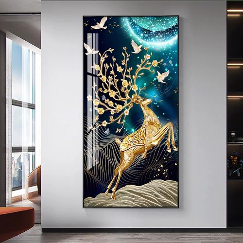 现代入户玄关装饰画招财镶钻晶瓷画客厅过道壁画挂画发财树鹿竖版