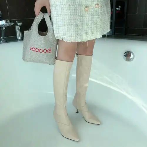 显瘦显腿长尖头细跟长靴女过膝 泫雅白色长靴女2021新款细跟高跟高筒