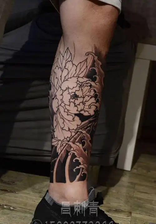牡丹包小腿纹身图片成品脚部腿部传统动物原创静物植物国画纹身图案