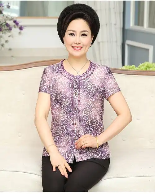 夏季中老年人女装夏装妈妈短袖套装上衣裤子60-70岁老人奶奶衣服
