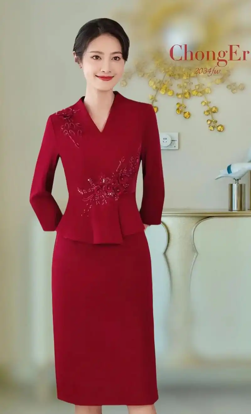 时尚年轻遮肚显瘦假两件喜婆婆喜妈妈婚宴礼服连衣裙中长款～喜庆洋气