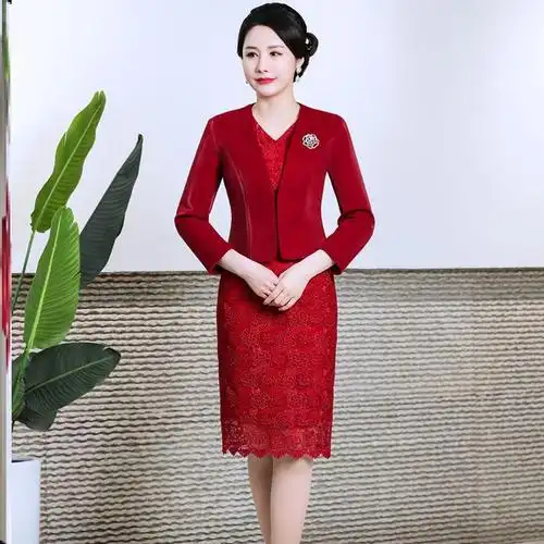 婆婆妈妈参加婚礼服春秋季假两件连衣裙显瘦款大码中年气质过膝裙