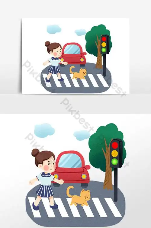 traffic safety girl crossing the street hand drawn illustration