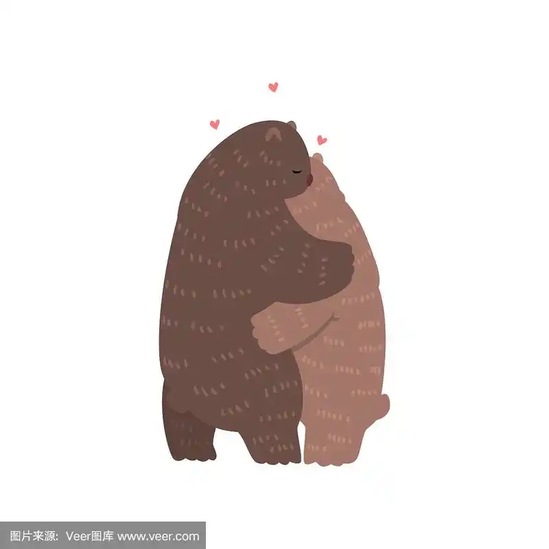 一对可爱的熊在爱拥抱对方,两个快乐的动物拥抱的心在他们的头矢量