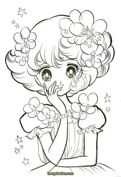头戴星星花朵的波波头小公主在线涂色图片大全