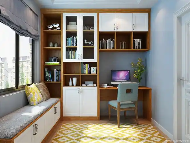 飘窗书房设计_6㎡书房定制书柜装修效果图_诗尼曼官方商城_诗尼曼官方