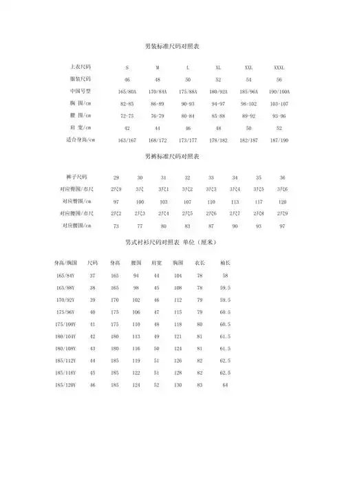 男装标准尺码对照表