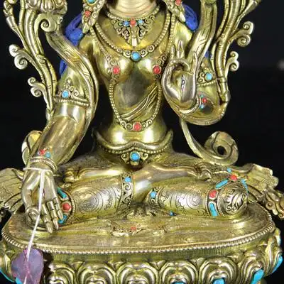 纯手工白度母佛像尼泊尔释迦打造纯铜宝石密宗供奉居家7寸摆件