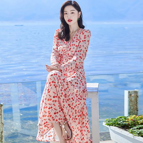 tuose)潮牌雪纺碎花连衣裙春装法式仙女温柔洋气裙子修身显瘦气质长裙