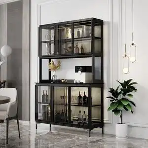 黑色餐边柜玻璃酒柜高柜靠墙现代简约轻奢家用餐厅储物柜三色灯带