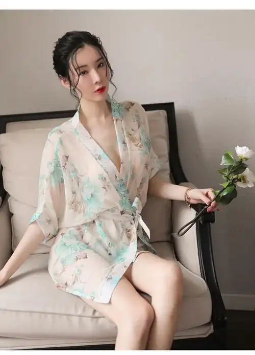 蕾丝睡衣露乃奶纯欲冰丝睡袍女夏季和风日式性感女士睡衣夏薄款浴袍