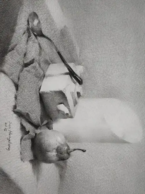 有虚虚的石膏柱体的素描静物勺子