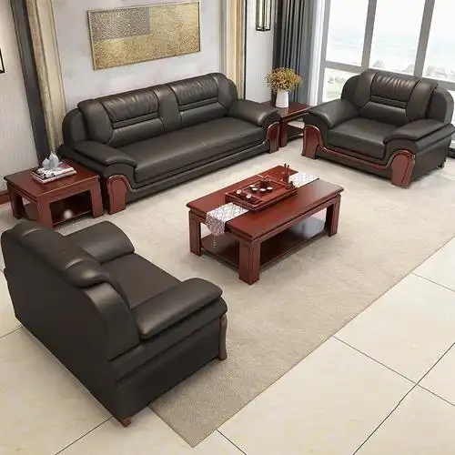 办公沙发三人位商务会客洽谈老板中式真皮办公室沙发茶几组合套装