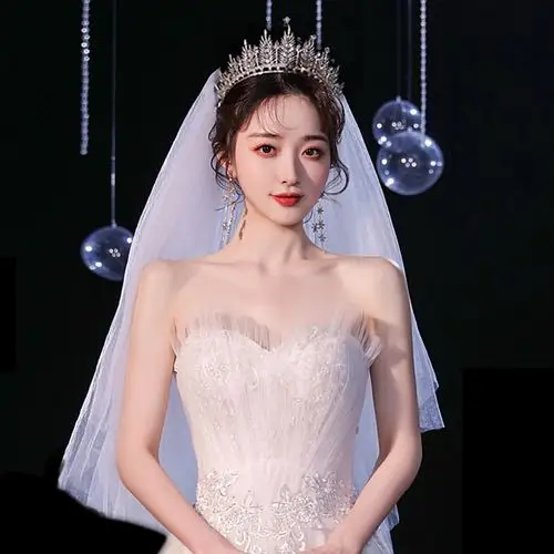 新娘皇冠头纱主婚纱头饰超仙森系结婚网红拍照道具复古盖头蓬蓬纱
