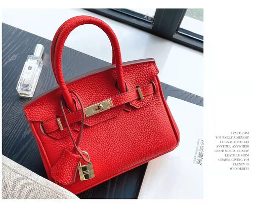 红色女包时尚气质纯色荔枝纹牛皮铂金包简约百搭中国红手提包8001