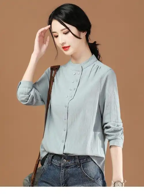 施悦名 时尚立领长袖衬衫女2020春季新款女装韩版宽松百搭衬衣a