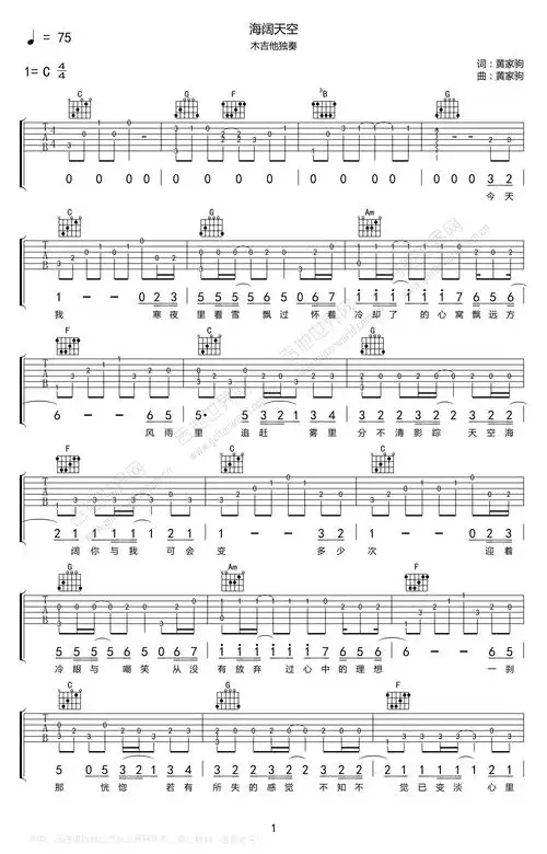 海阔天空指弹谱beyond木吉他独奏谱图片谱