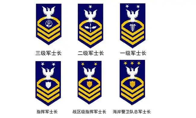 美国海岸警卫队的士兵制服,左臂是军衔和服役条带,右臂只有盾徽