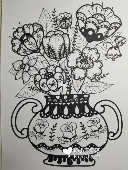 黑白线描花瓶花束