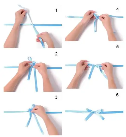 原右侧的丝带圈放在左侧,左侧丝带绕成的圆中穿过的丝带放在右侧勒紧4