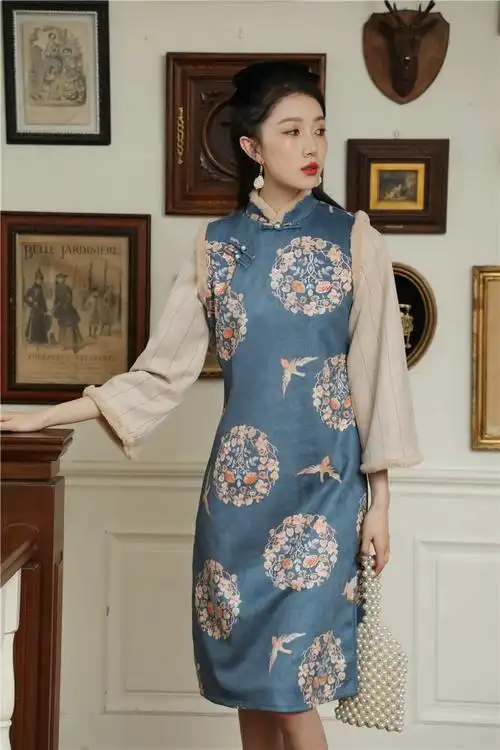 旗袍年轻款中国风少女秋冬马甲民国改良版连衣裙