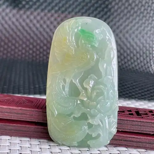 天然缅甸翡翠a货 女款玉挂件冰种黄翡凤凰翡翠吊坠48.12