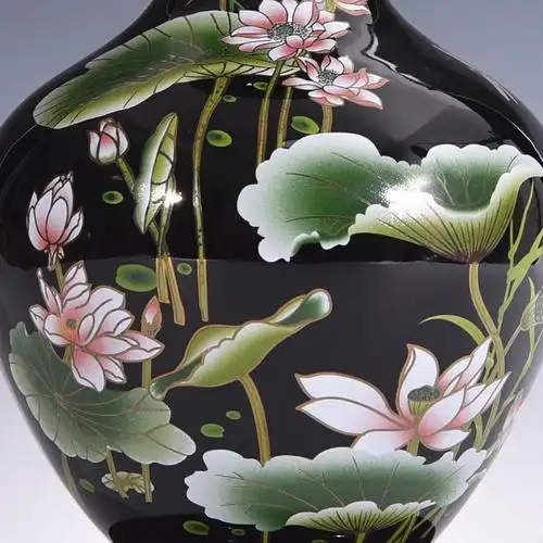 陶瓷器乌金釉花瓶现代家居客厅装饰品摆件荷花粉彩赏瓶-乌金釉赏瓶 送