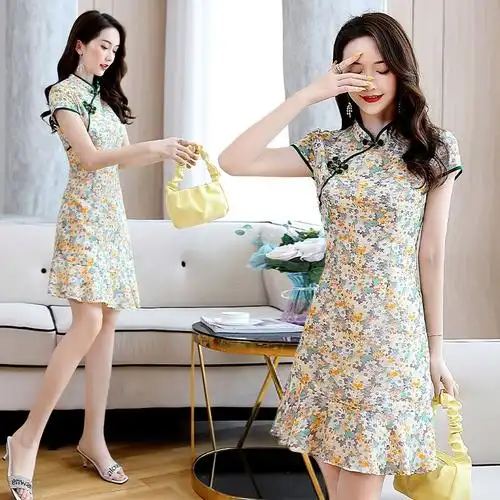 修身显瘦连衣裙时尚潮流高腰荷叶裙旗袍2021年夏季气质印花短裙子