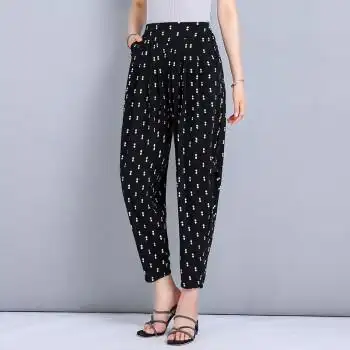 中老年女装夏季冰丝灯笼裤薄款中年妇女妈妈穿的哈伦裤女夏装九分花裤