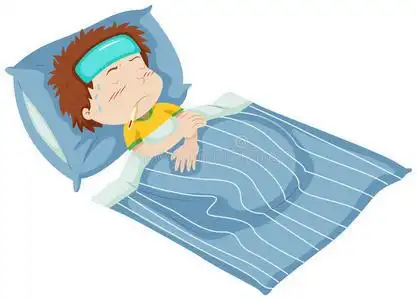 男孩在床上生病了发烧躺在床上有温度女孩替他照顾生病的人生病的孩子