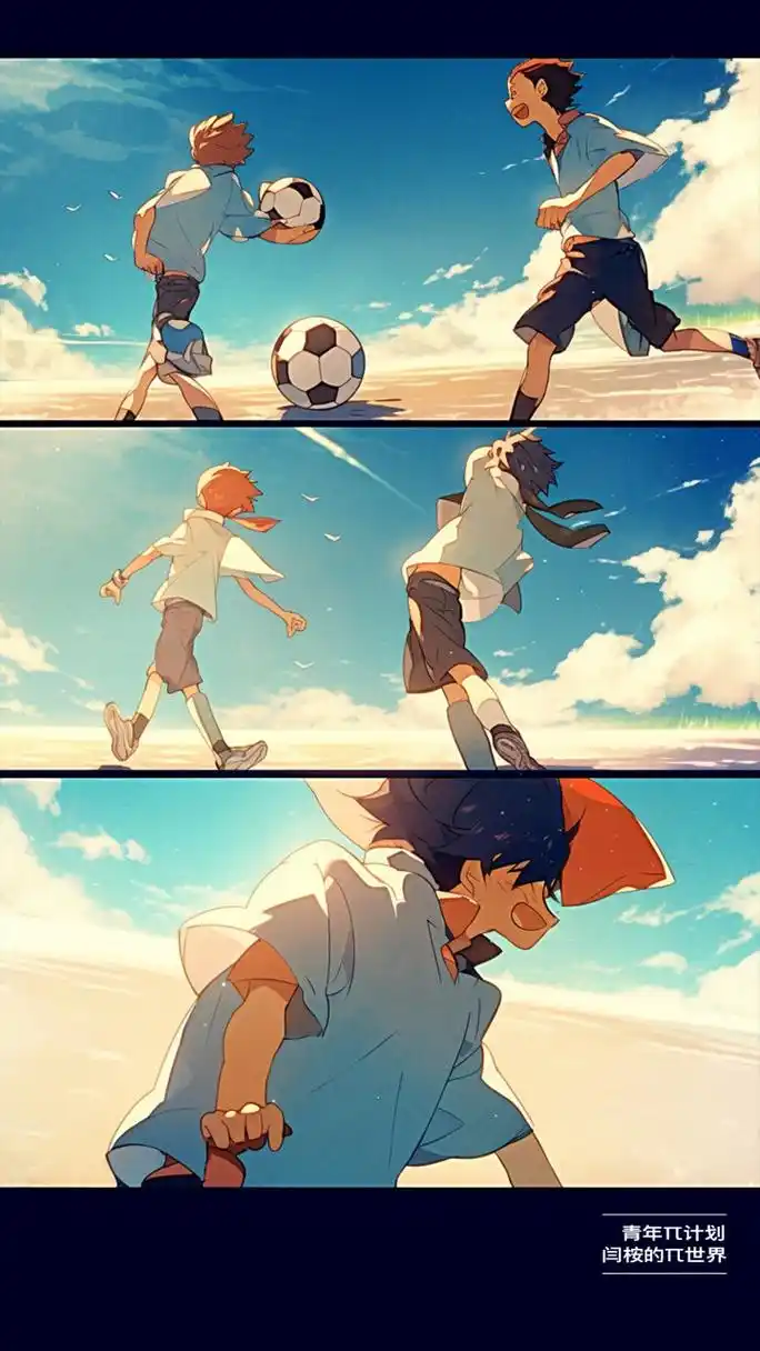 阳光洒下,海边的足球场上少年在自由奔跑,沙滩之上的沙粒被阳光照耀着