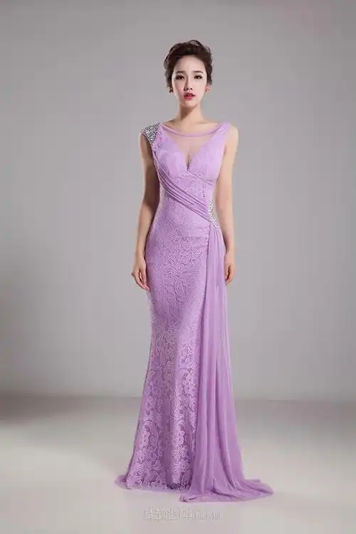 com]依纱不舍 淡紫色蕾丝包肩深v性感修身鱼尾长款新娘敬酒服【购买请
