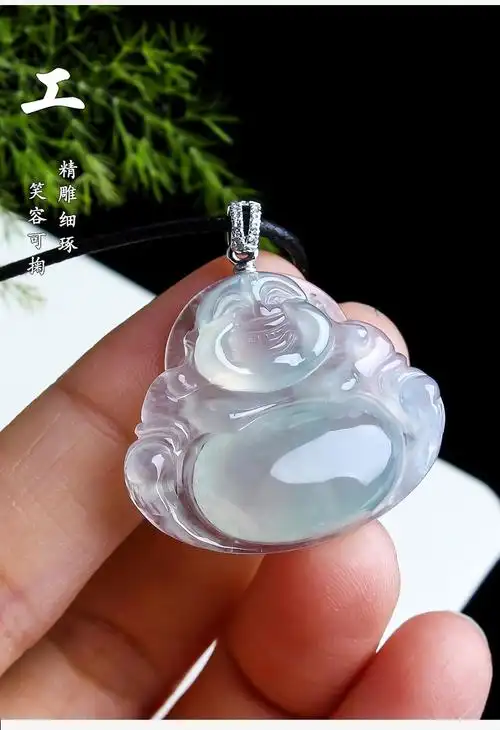 玉等我翡翠佛公吊坠冰飘绿弥勒佛18k金镶玉天然玉石a货
