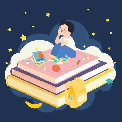 男孩坐在书上仰望星空矢量插画方图