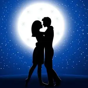 关于背景全月亮和星星一个男人坐在地板上, 看着在深蓝色背景下的月亮