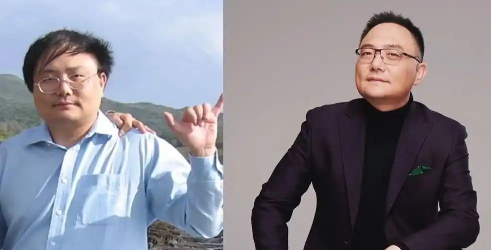 穿蓝色趴领衬衫的肥胖中年人就是十年前的罗胖,右边则是今天的罗振宇