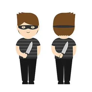 微笑的男人小偷有背后的刀和孤立的白色背景上的面具,正面和背面视图